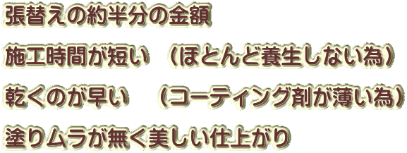 張替えの約半分の金額 　　　　　　　　 施工時間が短い　(ほとんど養生しない為) 　　　　　　　 乾くのが早い　（コーティング剤が薄い為） 　　　　　　　　 塗りムラが無く美しい仕上がり